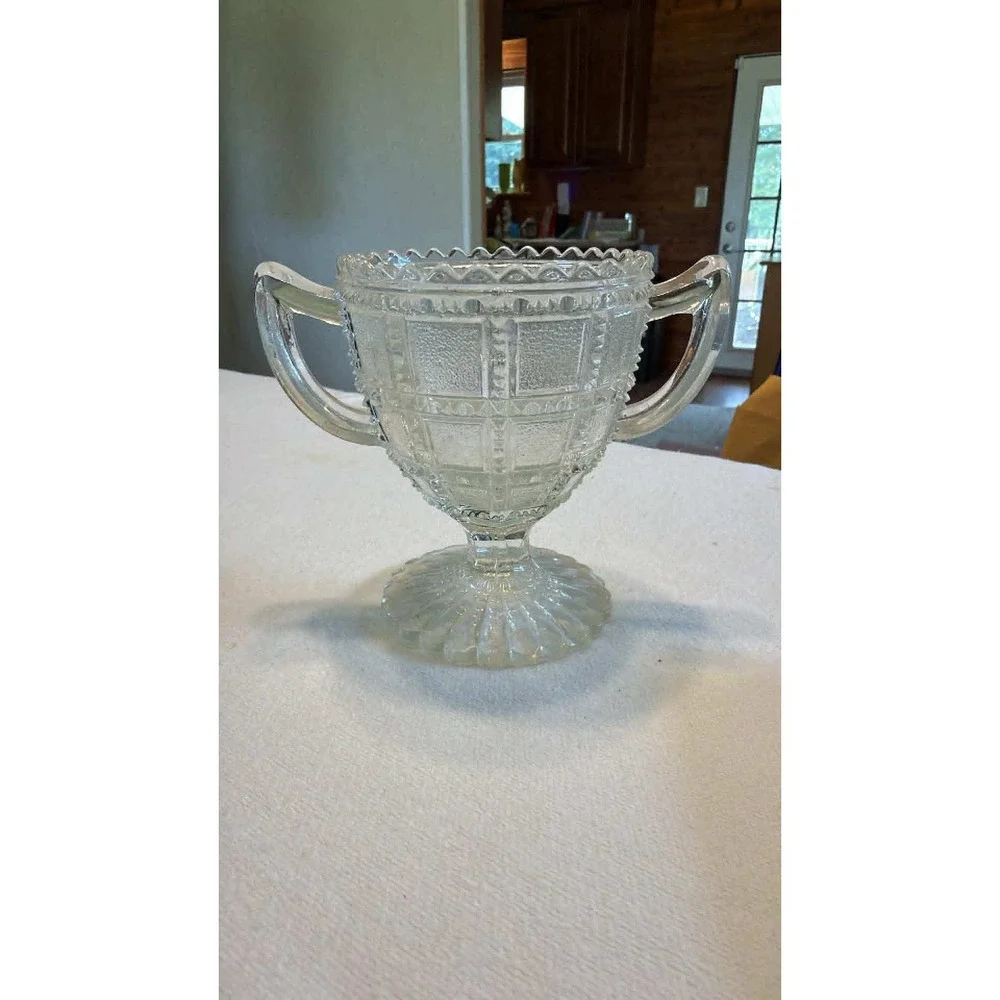 Vintage Clear Pressed Glass Footed Sugar Dish Scalloped Rim Double Handled EAPG